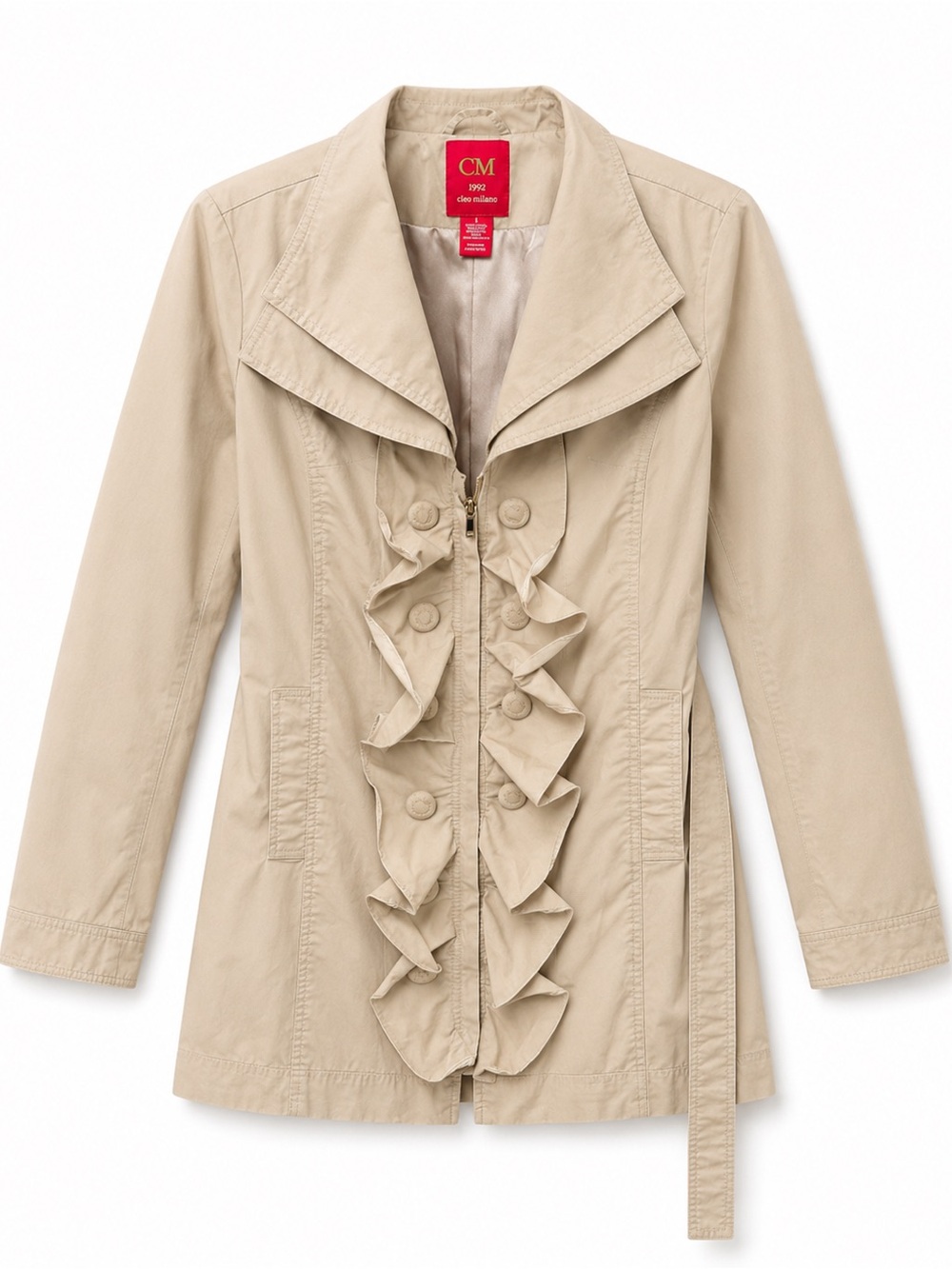 Ciao Milano 1969 Ruffle Front Trench Coat – Women’s Size S – Beig